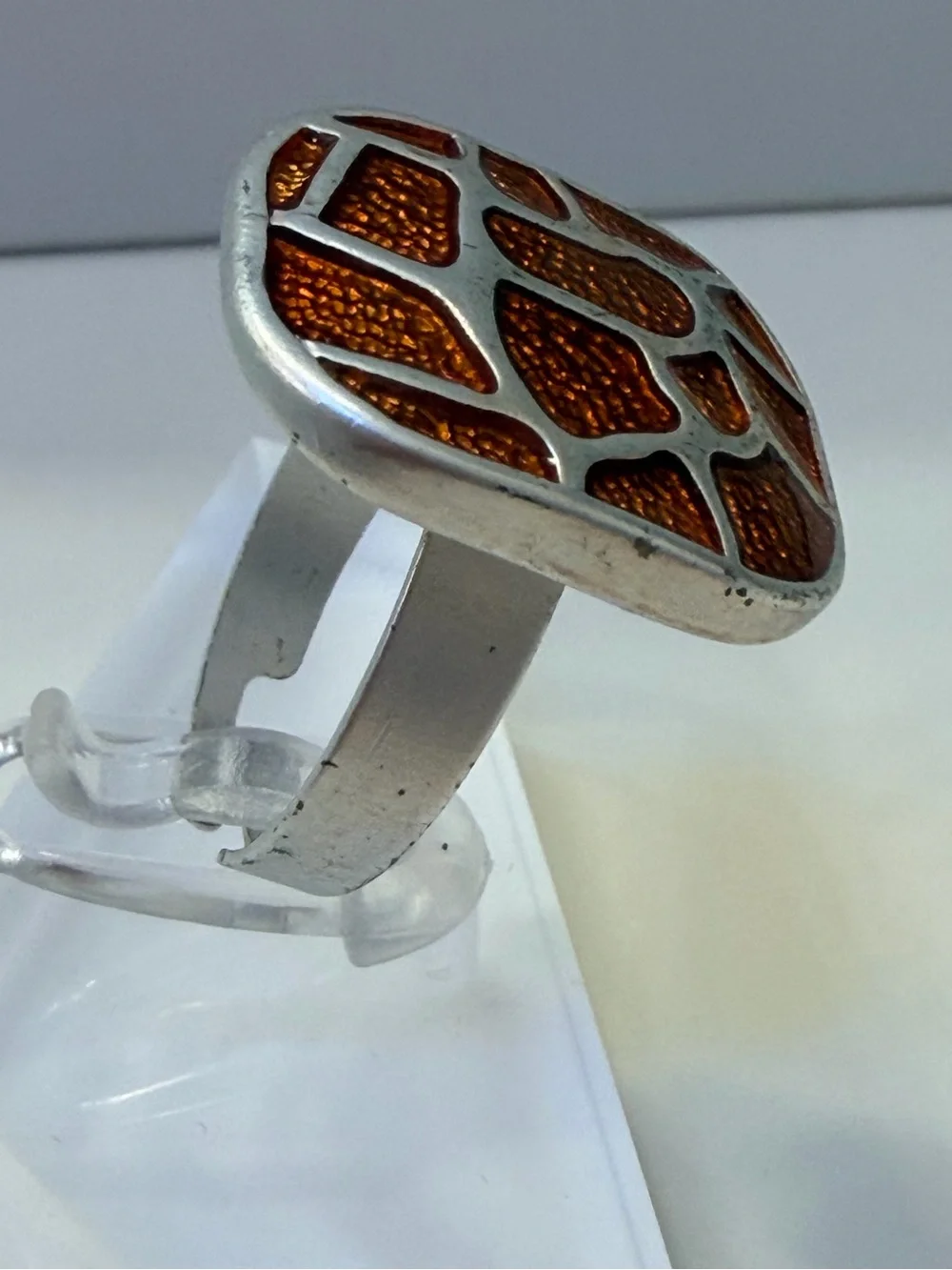 Silver Tone Orange Mosaic Costume /Fashion Statement Ring, Adjustable Sizing